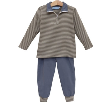 Trotter Street | Tucker Pullover Set- Beige Stripe/Blue