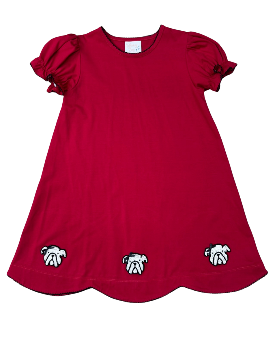 Whimsy Bay Kids | Red Bulldog Ruffle Scalloped Dress