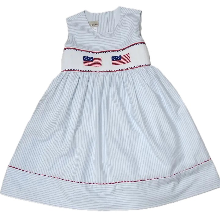Marco & Lizzy | Girl's Hand Smocked Light Blue Dress - 4th of July