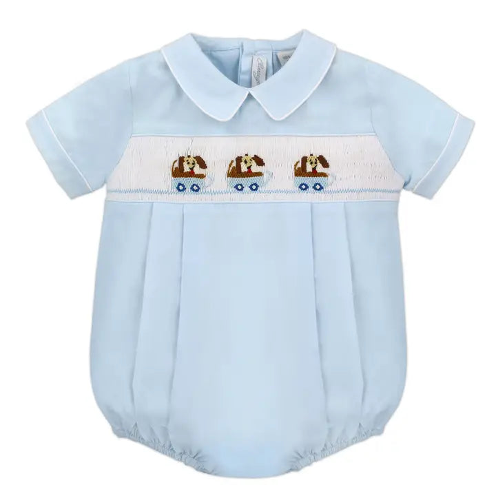 Carriage Boutique Baby Boys Hand Smocked Creeper - Light Blue Dogs in Wagon