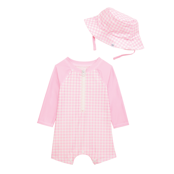 Mudpie Gingham Baby Rashguard Set Pink