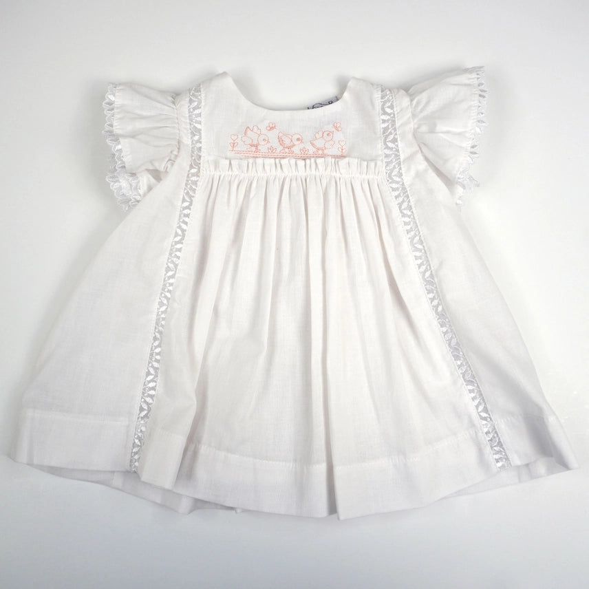 Marcela White Embroidered Chicks Ruffle Sleeve Dress