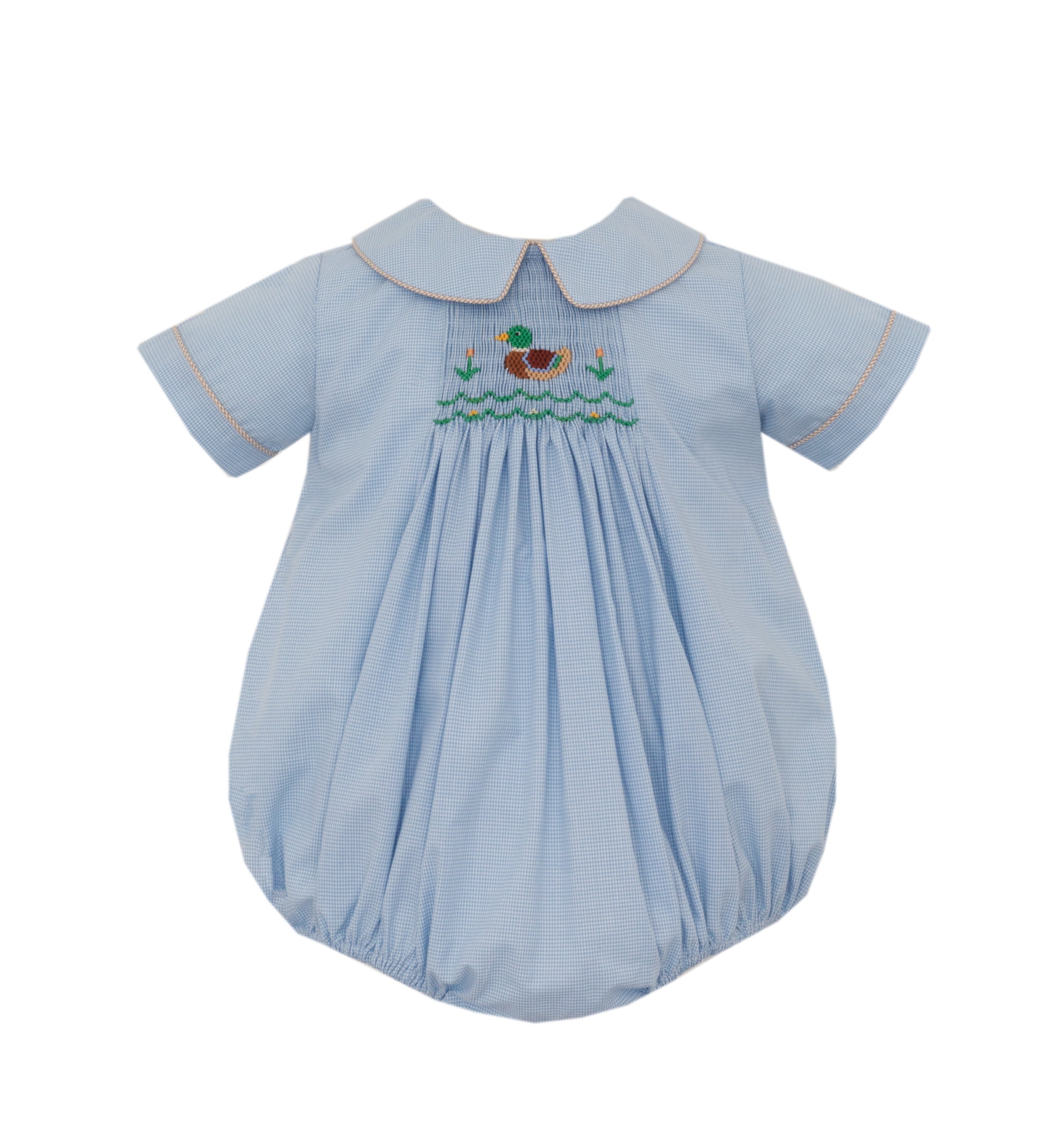 Petit Bebe | Mallard Duck Boy's LtBlue Microcheck Bubble S/S