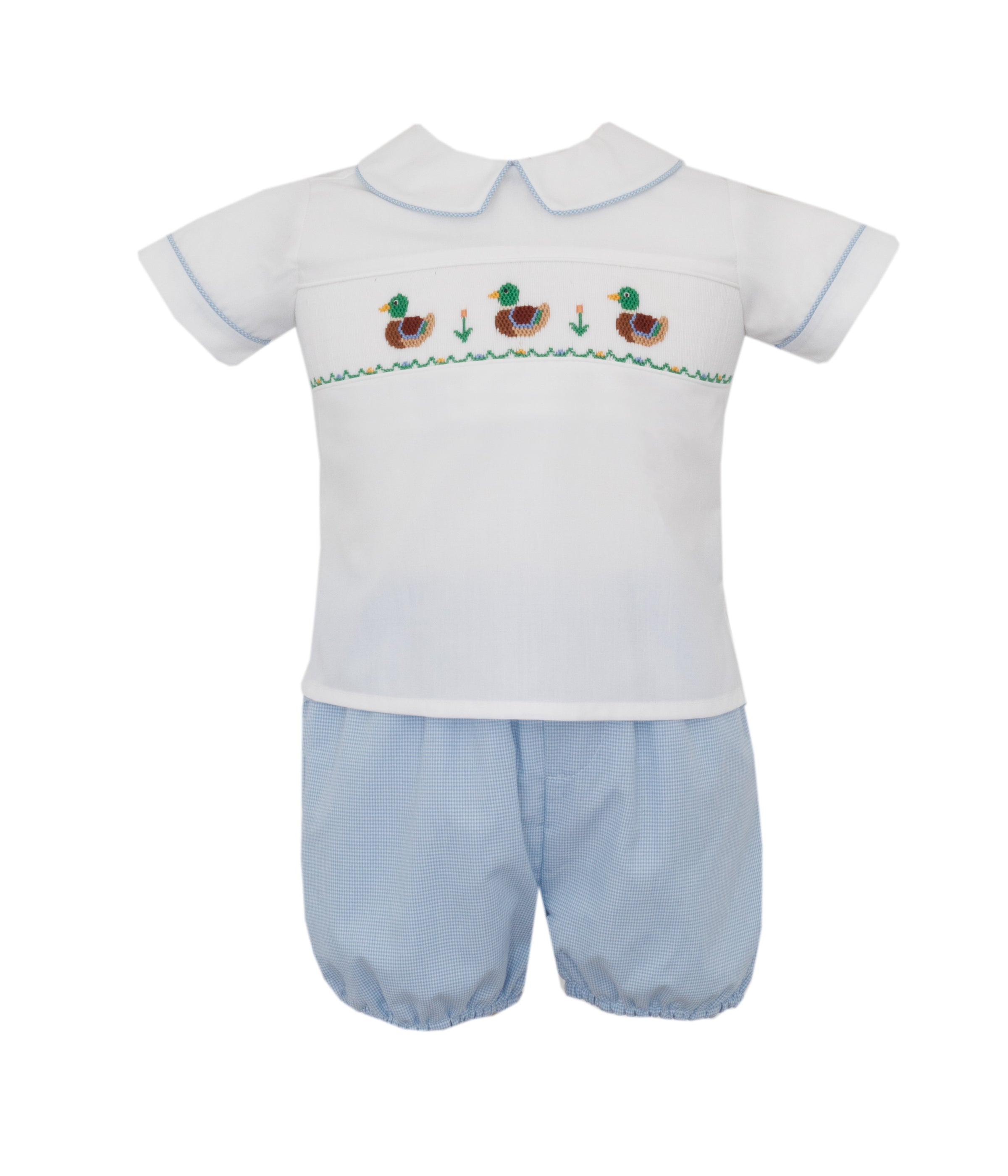 Petit Bebe | Mallard Duck Boy's Lt. Blue Microcheck Diaper Set