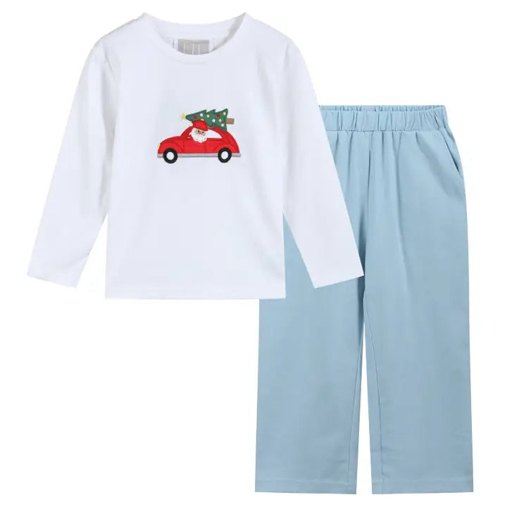 Lil Cactus White Santa Christmas Tree Shirt and Blue Pants Set