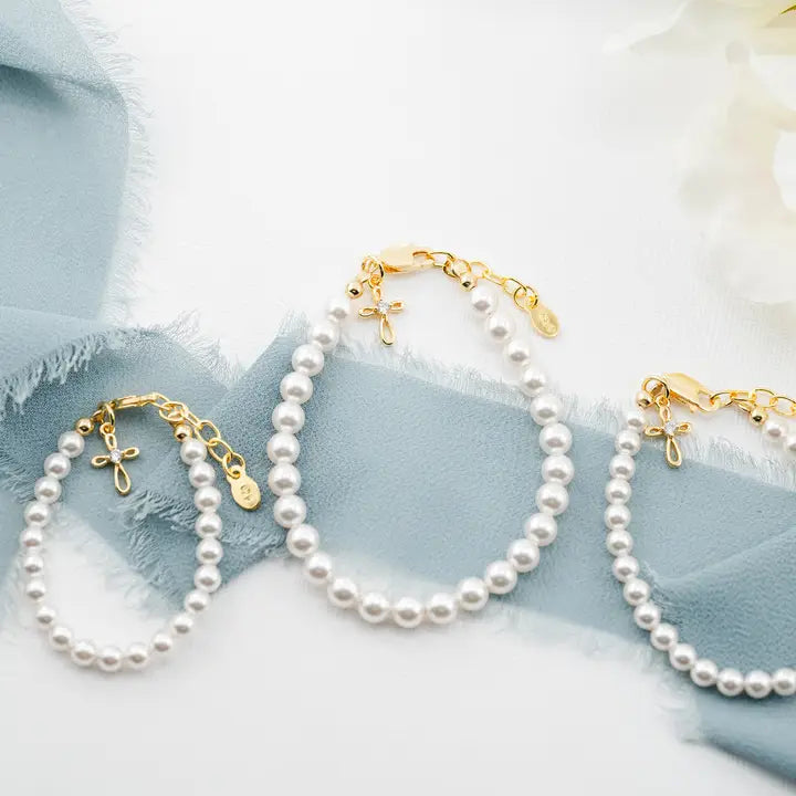 14K Gold-Plated Pearl Baptism Cross Bracelet