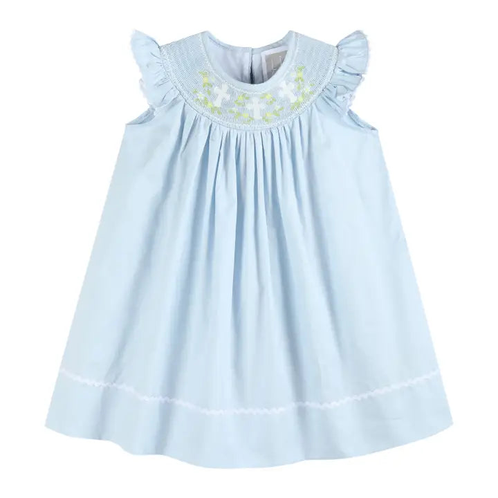 Lil Cactus Blue Crosses Smocked Bishop Dress