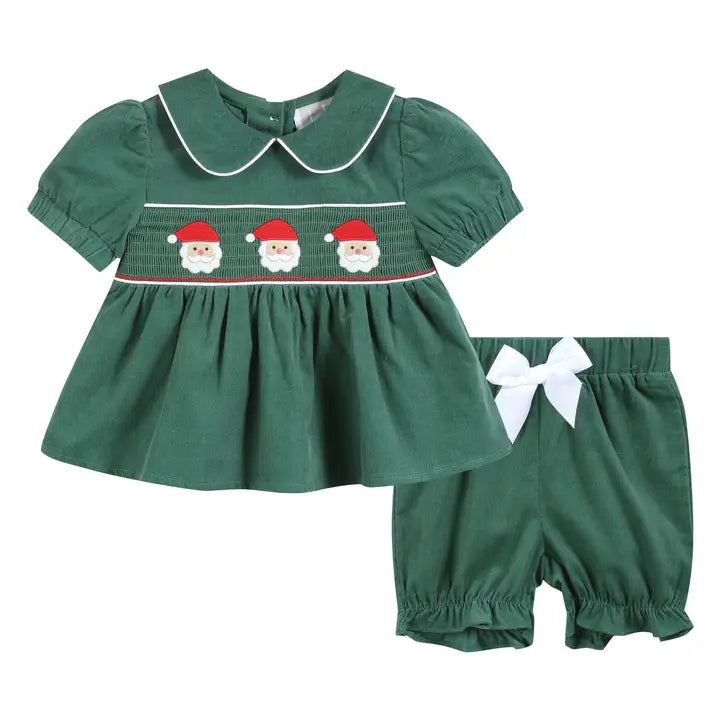 Lil Cactus Green Velvet Santa Smocked Dress and Bloomers