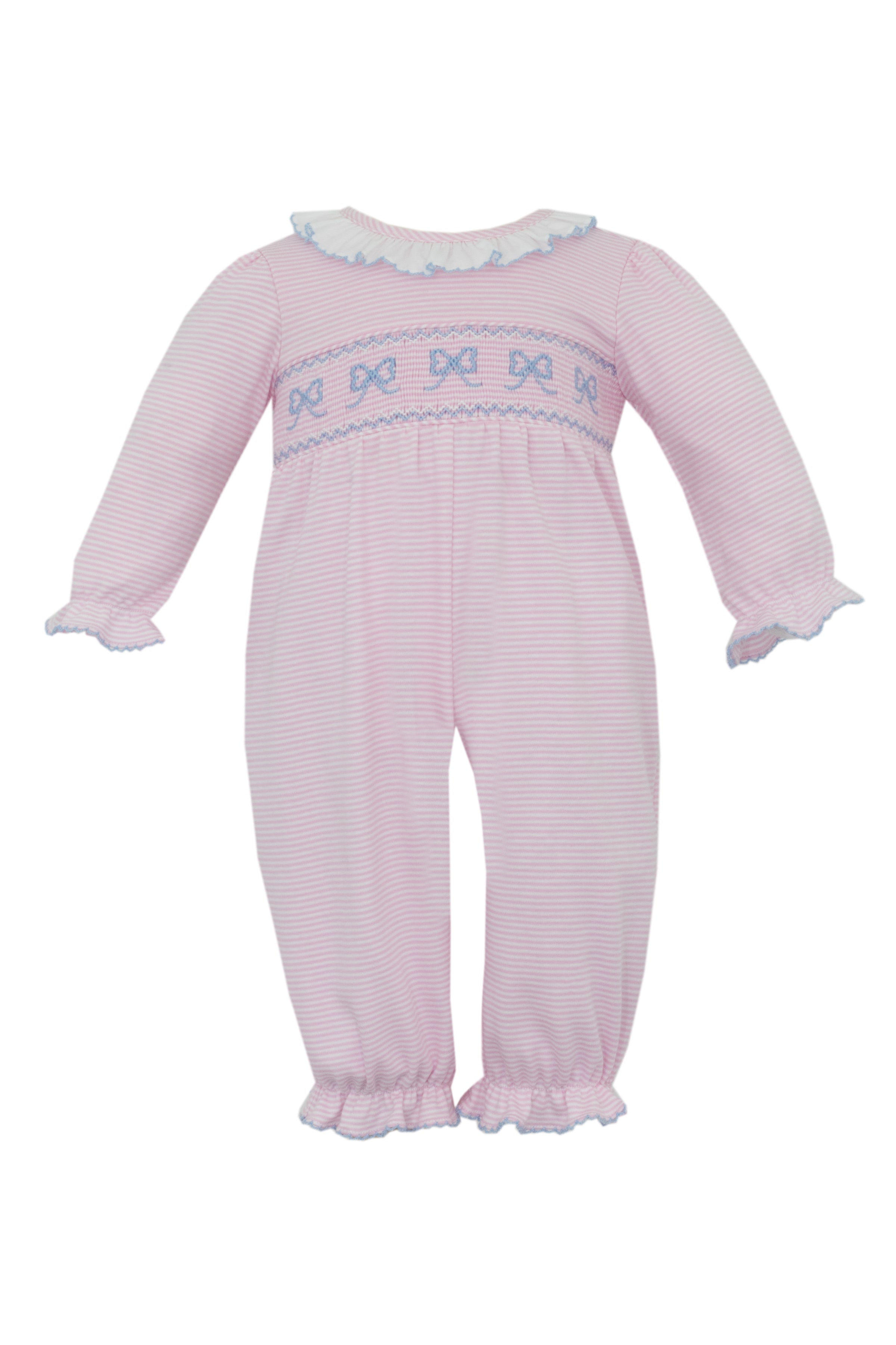 Petit Bebe | Pink Knit Stripe Bows Romper