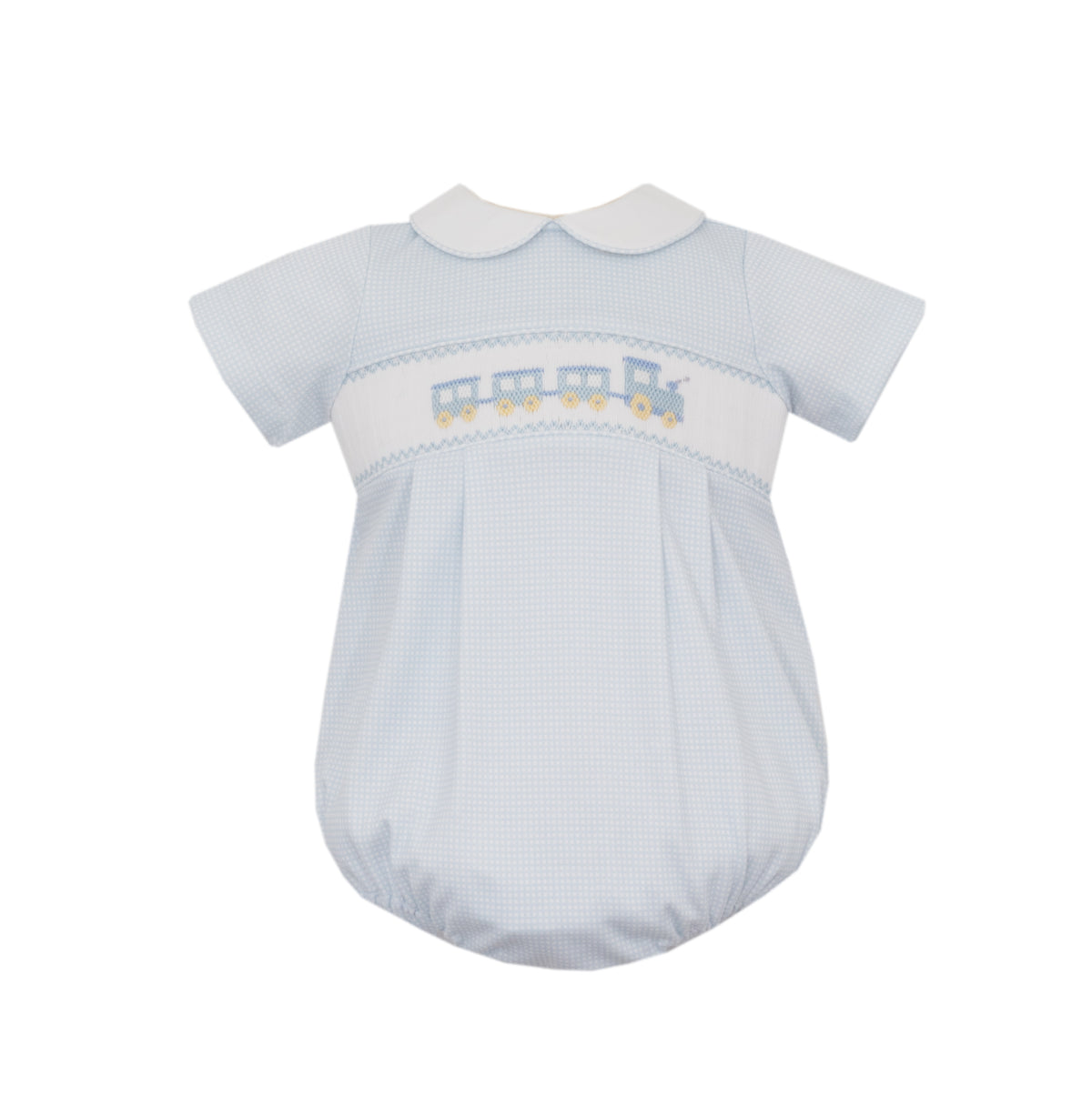 Petit Bebe | Lt Blue Check Knit Train Bubble