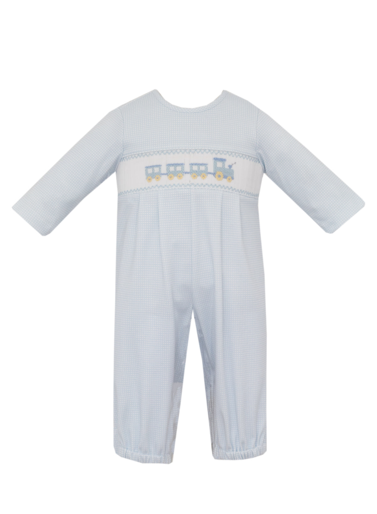 Petit Bebe | Lt Blue Check Knit Train Footie w/ No Feet