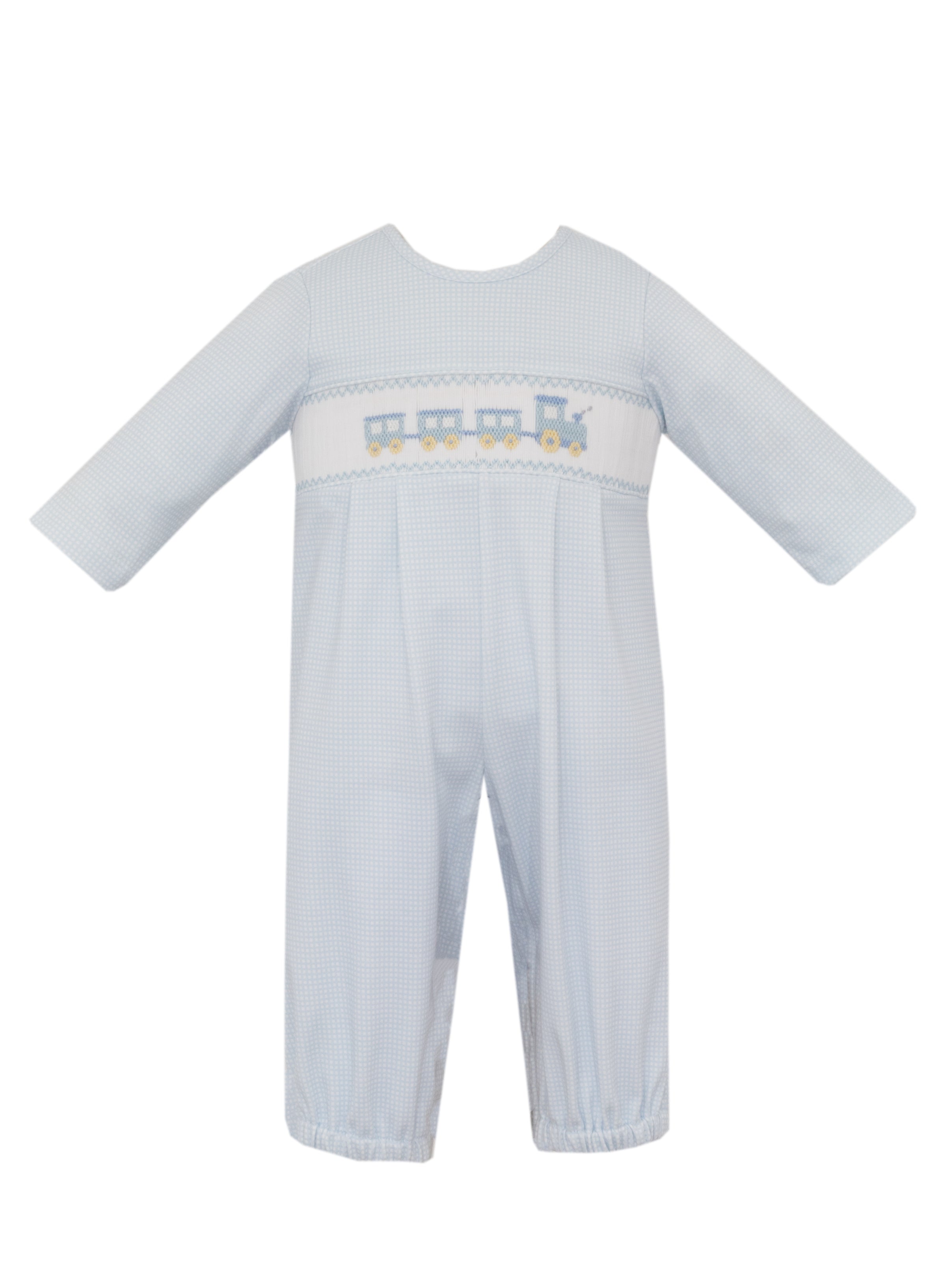 Petit Bebe | Lt Blue Check Knit Train Footie w/ No Feet