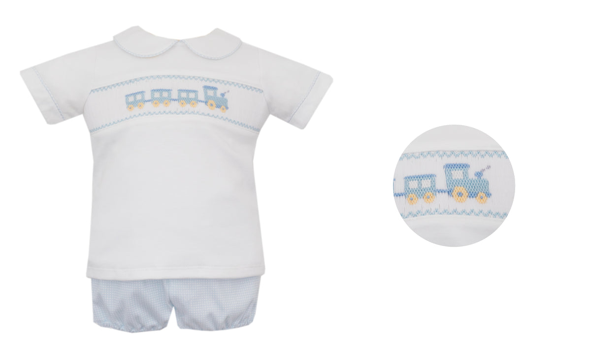 Petit Bebe | Lt Blue Check Knit Train Boy's Diaper Set