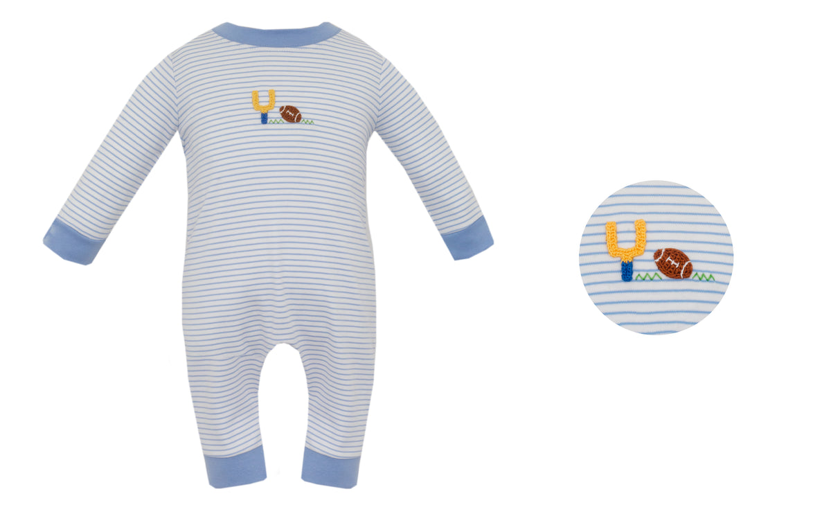 Petit Bebe | Blue Knit Stripe Football Romper