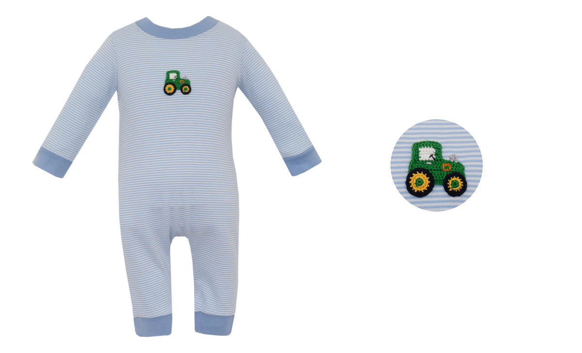 Petit Bebe | Tractor - Blue Knit Stripe Boy's Long Romper