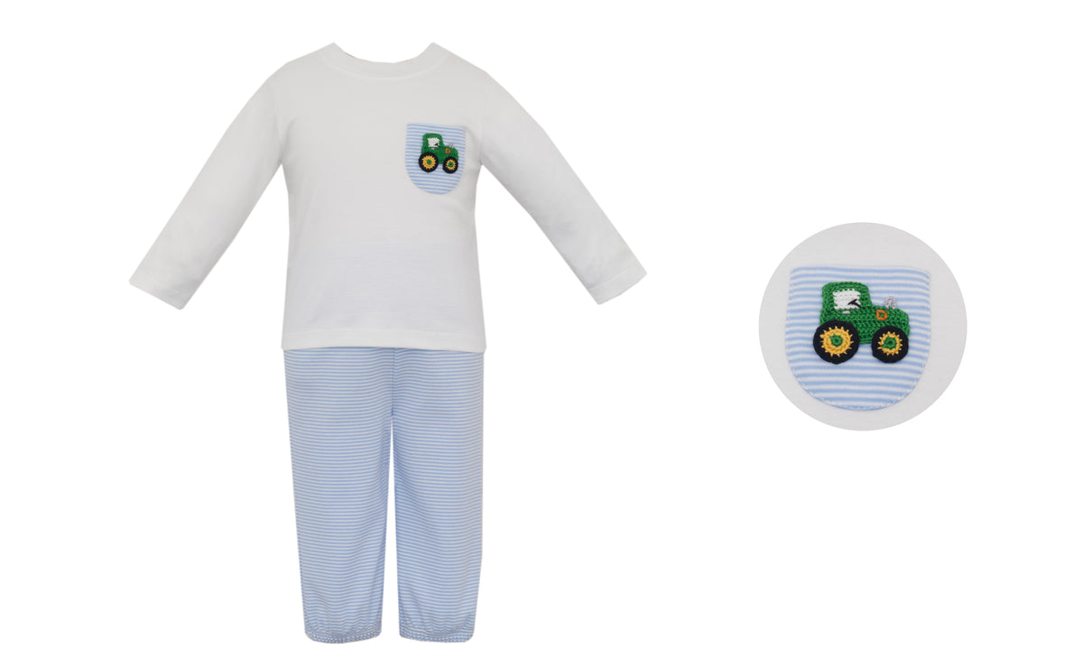 Petit Bebe | Tractor Blue Knit Stripe Boy's Pants Set