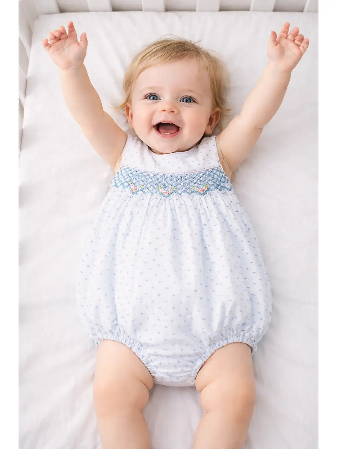 Marco & Lizzy | Sweet Spring Blue Smocked Plumeti Baby Girl Bubble