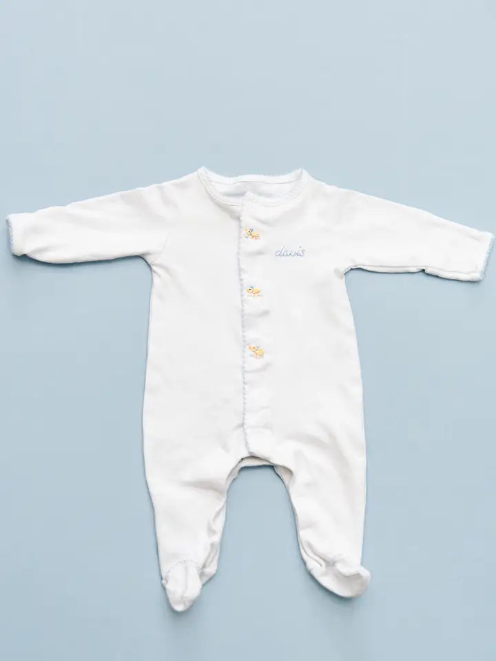 Winn and William Baby Ducklings Footie with Blue Trim