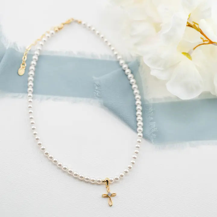 Girls 14K Gold Plated Peark Cross Necklace