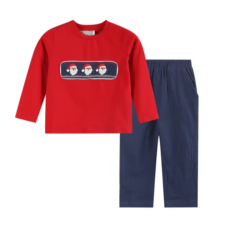 Lil Cactus Red Santa Smocked Shirt and Navy Pants Set