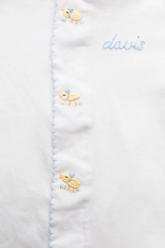 Winn and William Baby Ducklings Footie with Blue Trim