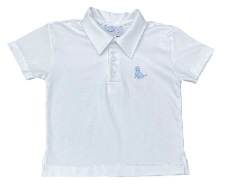 James & Lottie | White Polo with Embroidered Light Blue Puppy