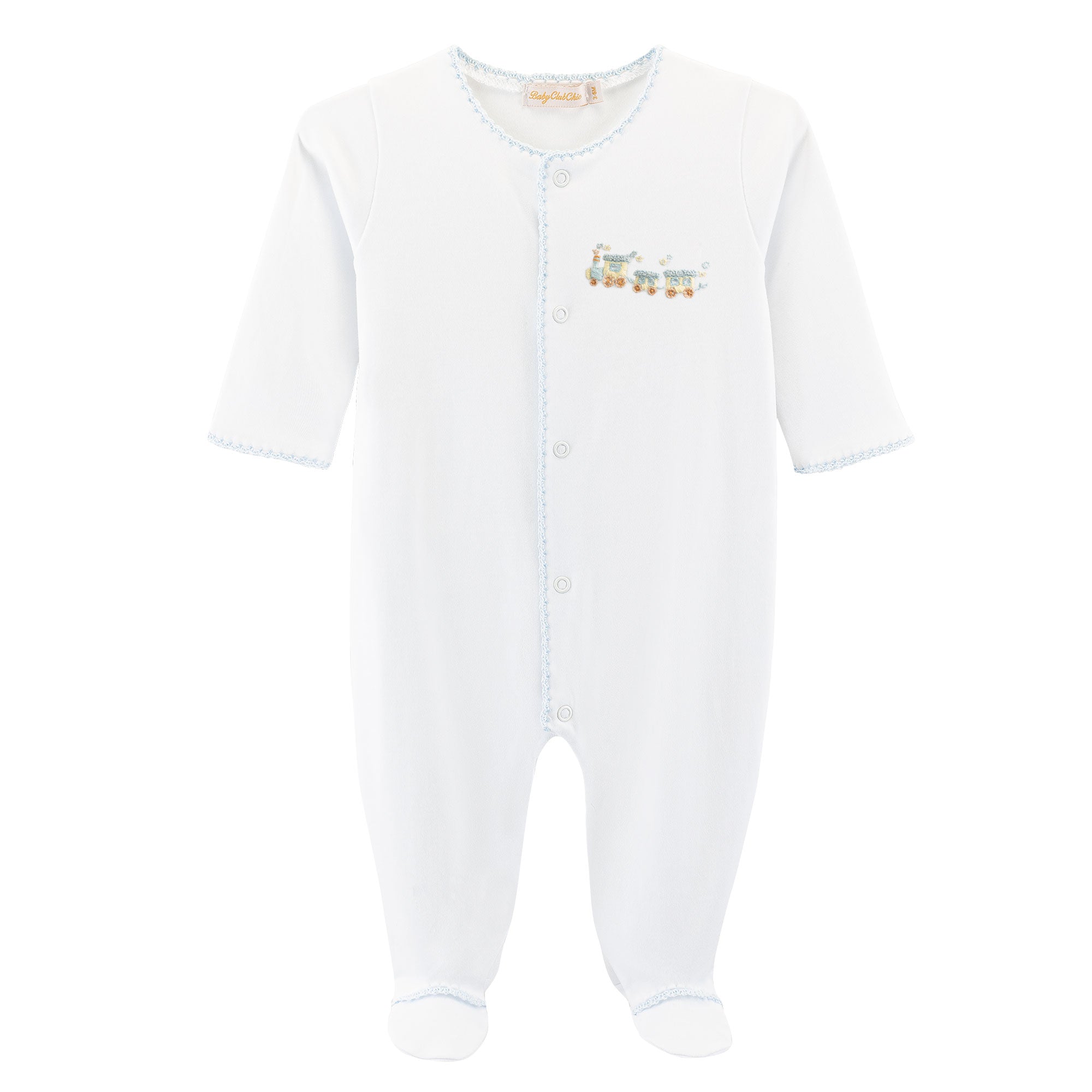 Baby Club Chic | Little Train Embroidered Pima Footie with Crochet Trim
