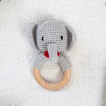 Animal Hand Crochet Rattle- Elephant with Red Bowtie