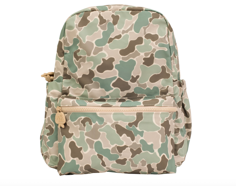 Camouflage-patterned backpack on a white background