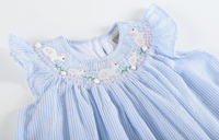 Lil Cactus Blue Seersucker Easter Bunny Smocked Bishop Dress