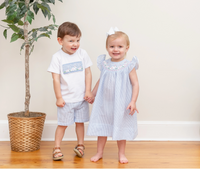 Lil Cactus Blue Seersucker Easter Bunny Smocked Bishop Dress