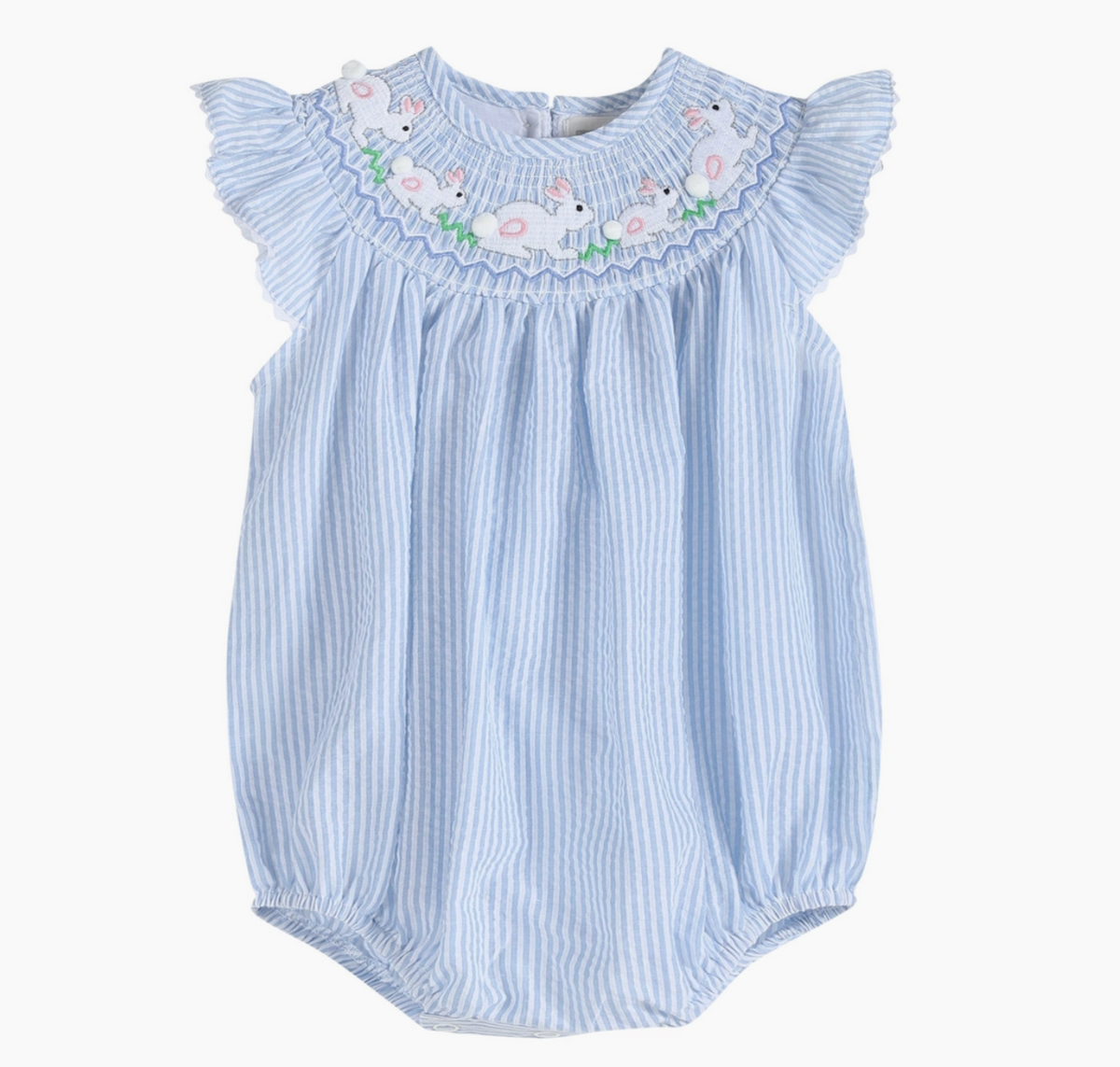 Lil Cactus Blue Seersucker Bunny Smocked Flutter Romper