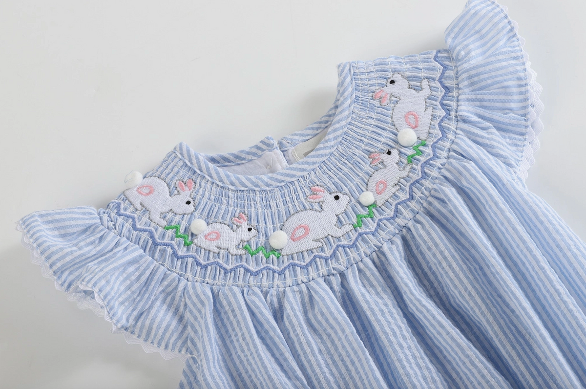 Lil Cactus Blue Seersucker Bunny Smocked Flutter Romper