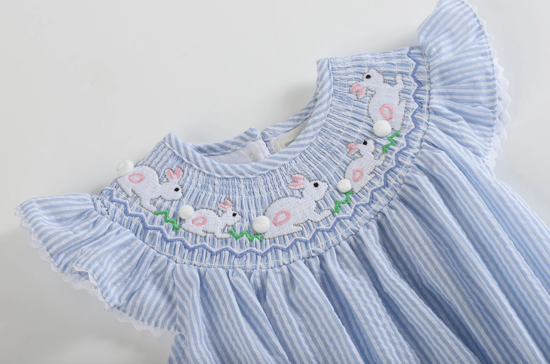 Lil Cactus Blue Seersucker Bunny Smocked Flutter Romper
