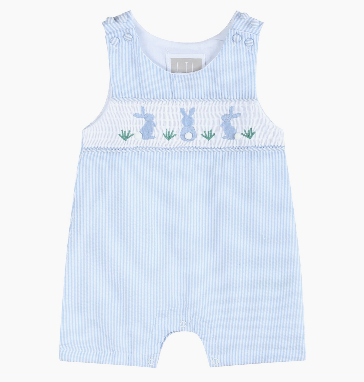 Lil Cactus Light Blue Seersucker Easter Bunny Smocked Overalls