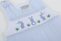 Lil Cactus Light Blue Seersucker Easter Bunny Smocked Overalls