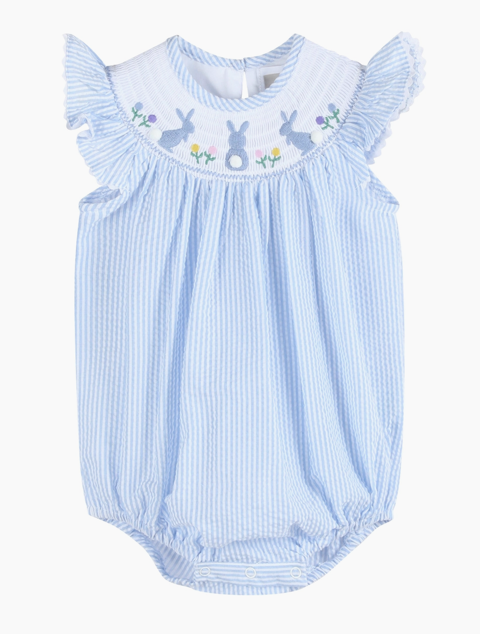 Lil Cactus Light Blue Seersucker Easter Bunny Smocked Flutter Romper