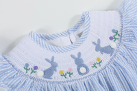 Lil Cactus Light Blue Seersucker Easter Bunny Smocked Flutter Romper