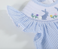 Lil Cactus Light Blue Seersucker Easter Bunny Smocked Flutter Romper