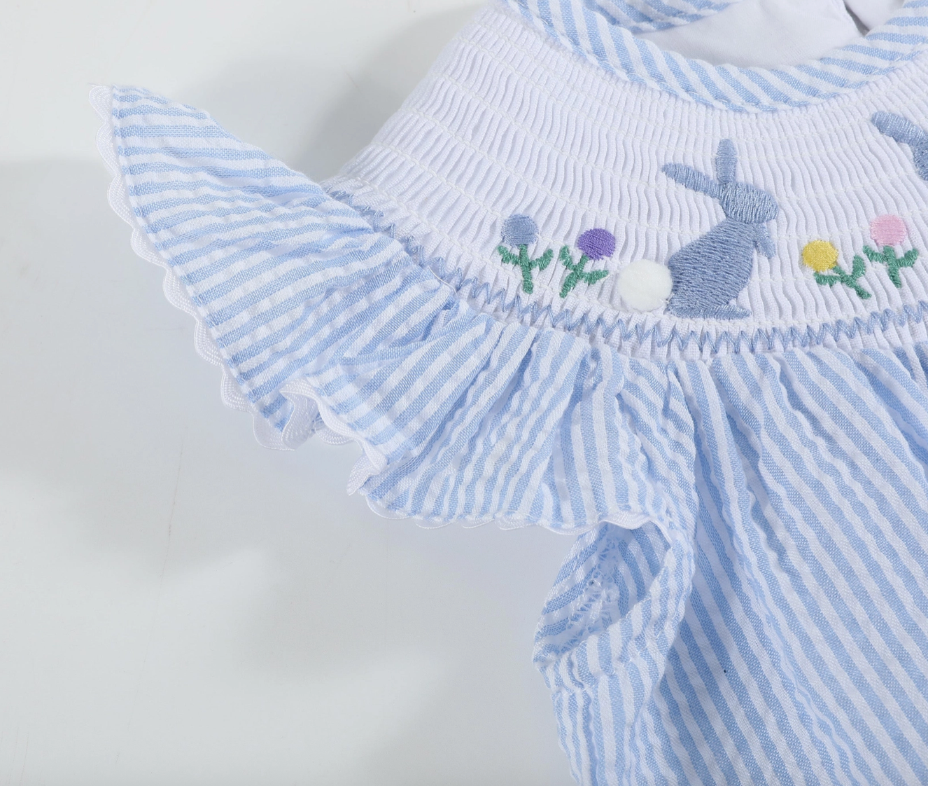Lil Cactus Light Blue Seersucker Easter Bunny Smocked Flutter Romper