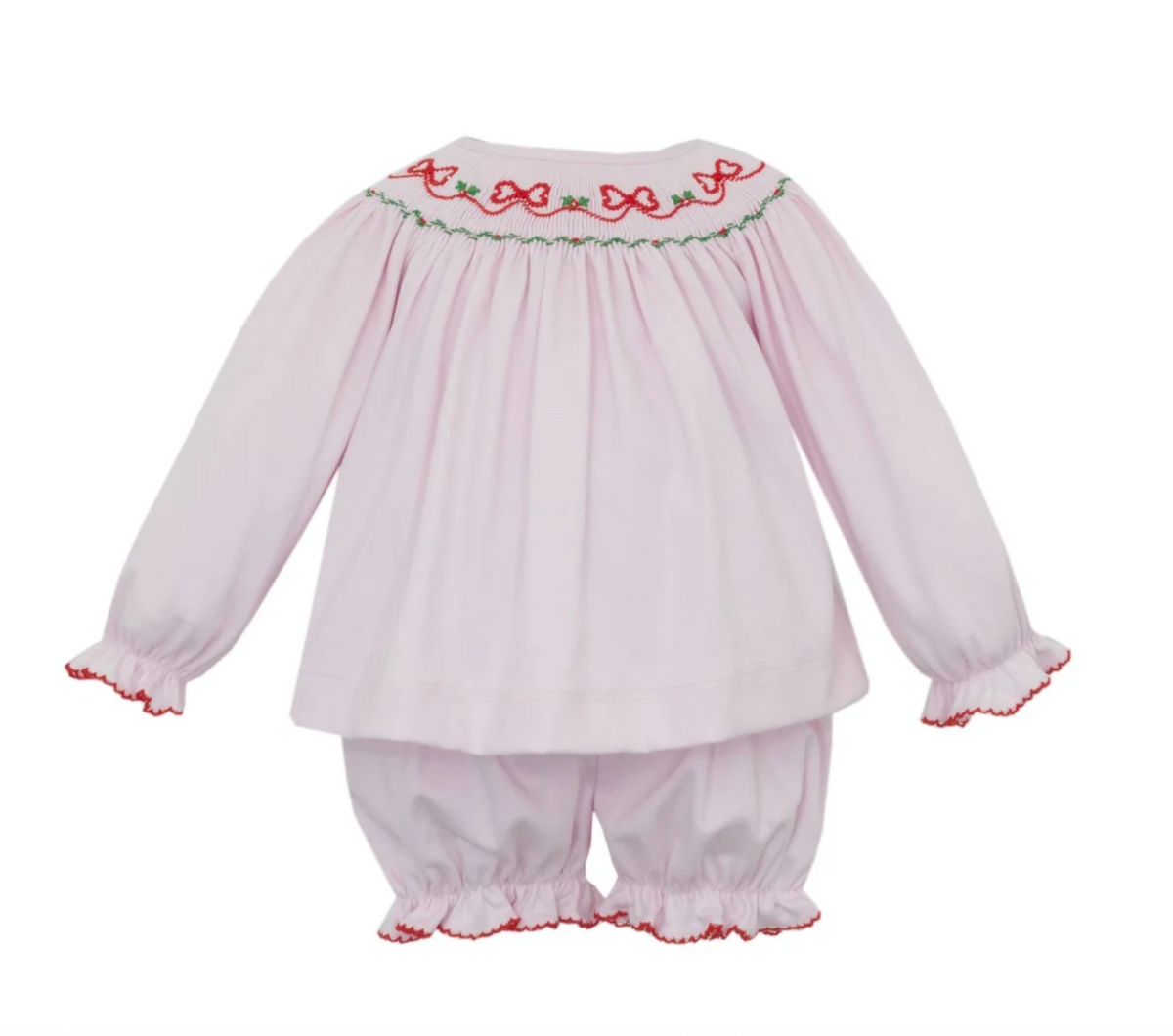 Petit Bebe | Red Bows - Pink Knit Holiday Bishop Bloomer Set