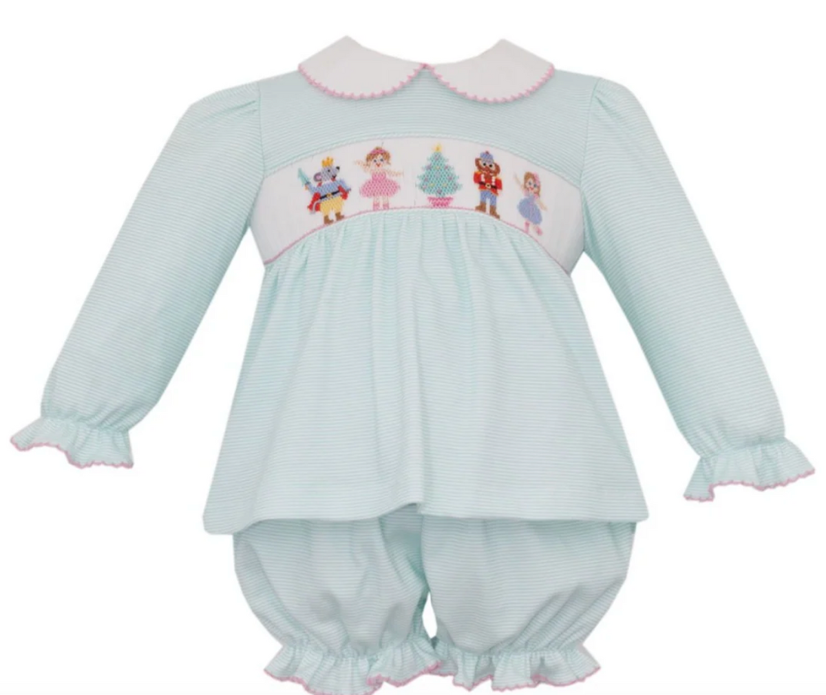 Petit Bebe | Nutcracker Aqua Knit Stripe Bloomer Set