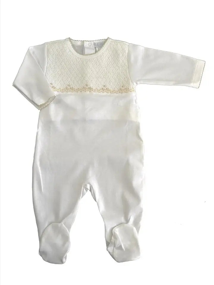 Baby Threads Unisex White & Ecru Smocked Footie