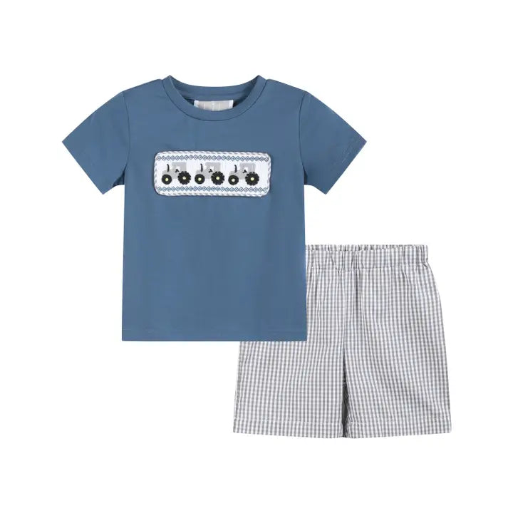 Lil Cactus Blue Tractor Smocked Shirt and Gray Shorts Set