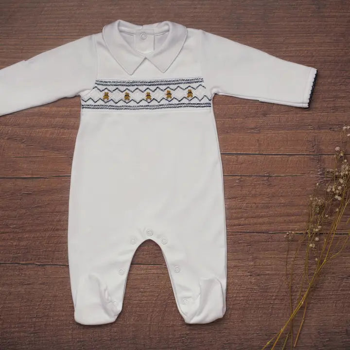 Almudena Baby Bears in Navy White Smocked Footie