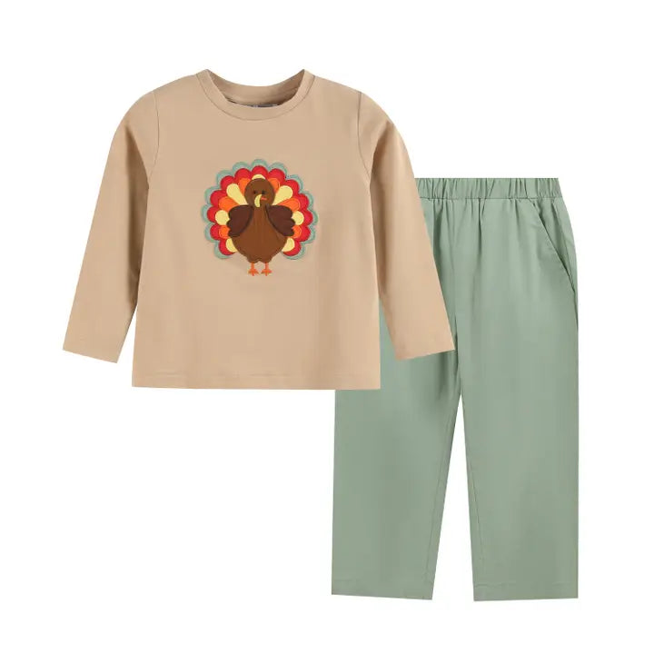 Lil Cactus Light Brown Turkey Shirt and Sage Green Pants Set