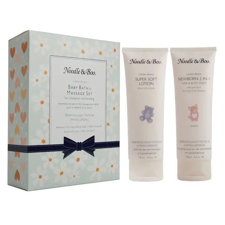 Noodle & Boo Baby Bath & Massage Set, Crème Douce, Green Daisies & Hearts