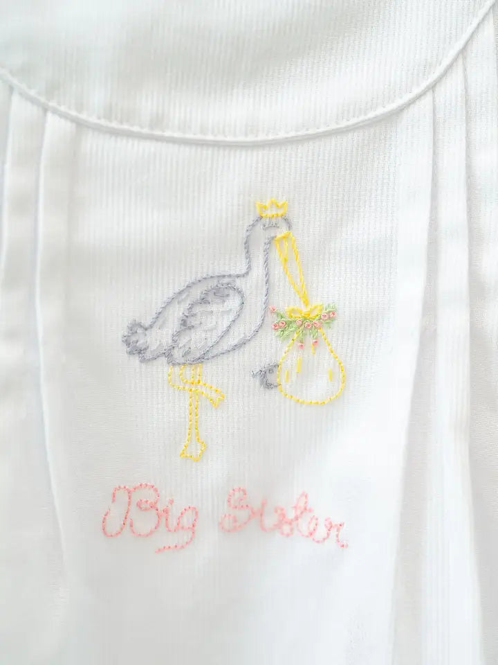 Ruth and Ralph | White Big Sister Stork Embroidered Dress