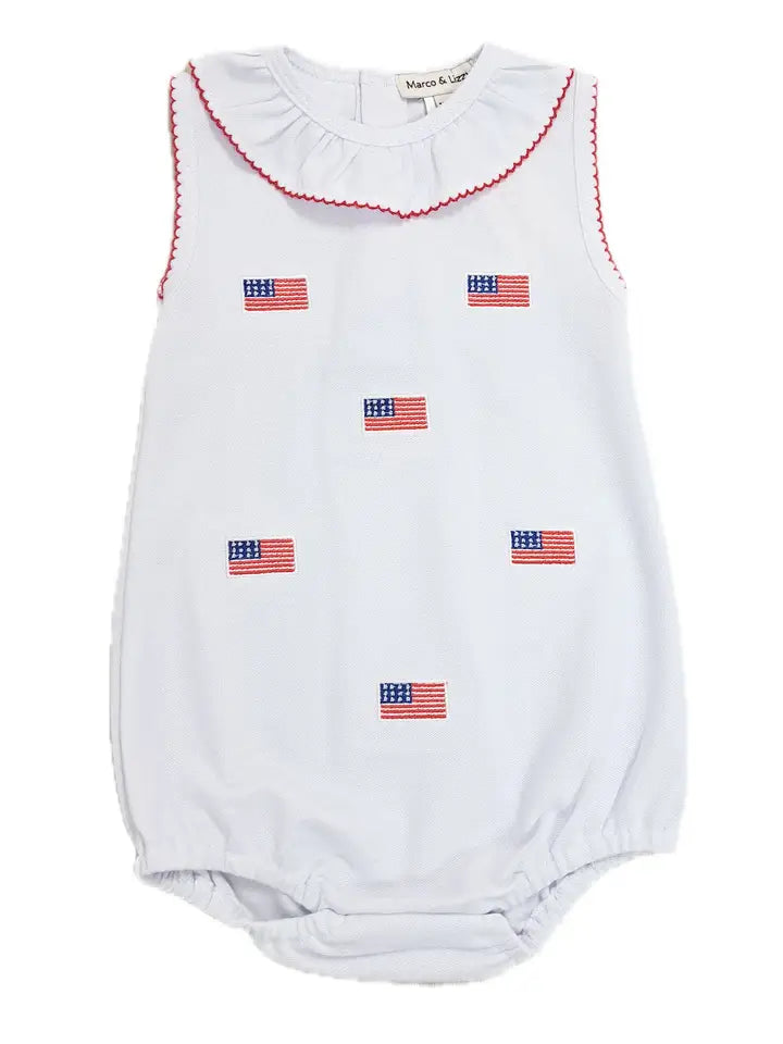 Marco & Lizzy | Star Spangled Banner Girls Flags All Over Romper