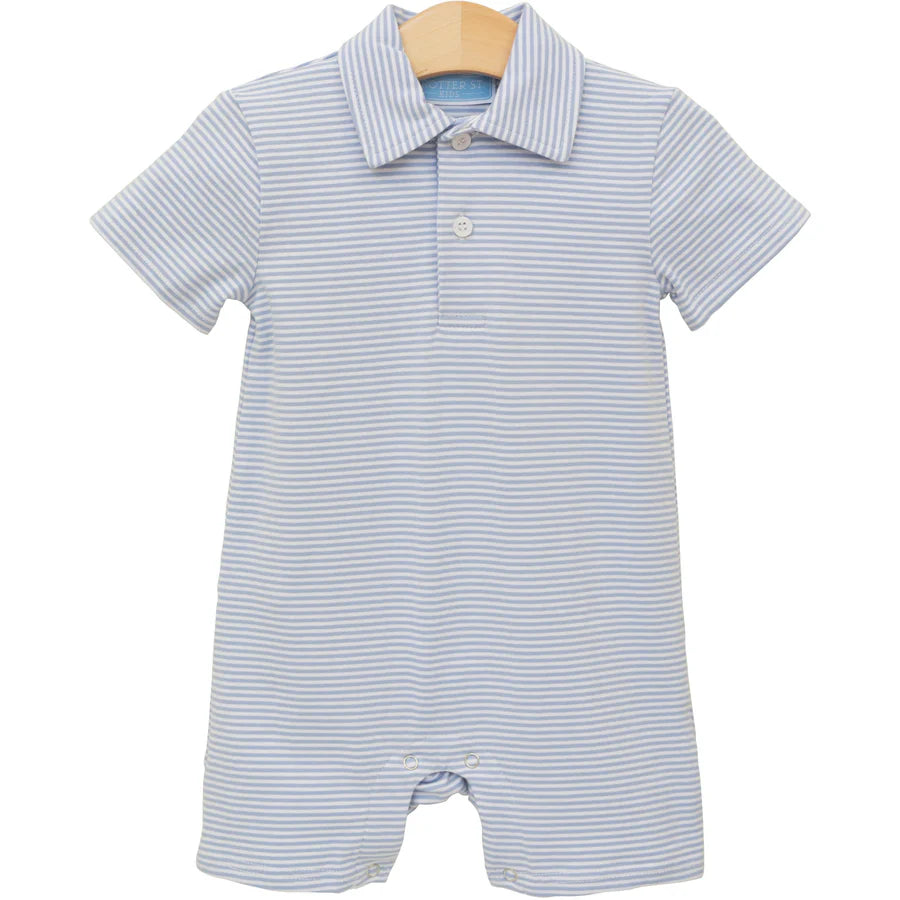 Trotter Street Henry Polo Romper- Dusty Blue Stripe